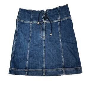 FREE PEOPLE Denim Mini Skirt Wms 8 Lace Up Corset High Waist Panel Stretch Y2K
